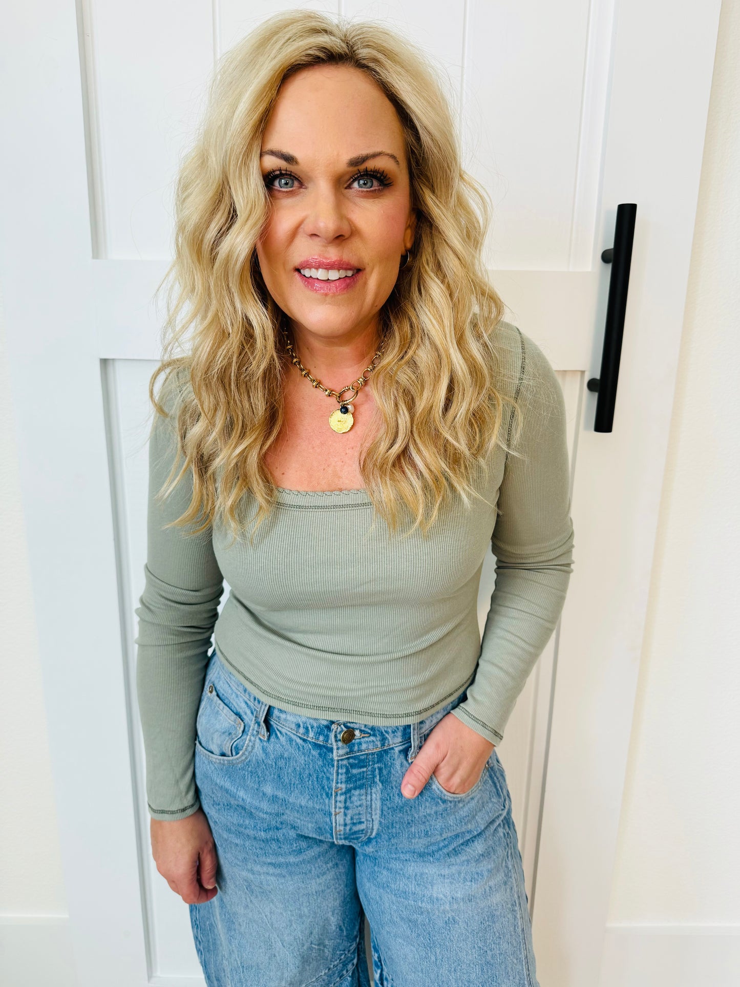 Long Sleeve Ribbed Top- SAGE GREEN