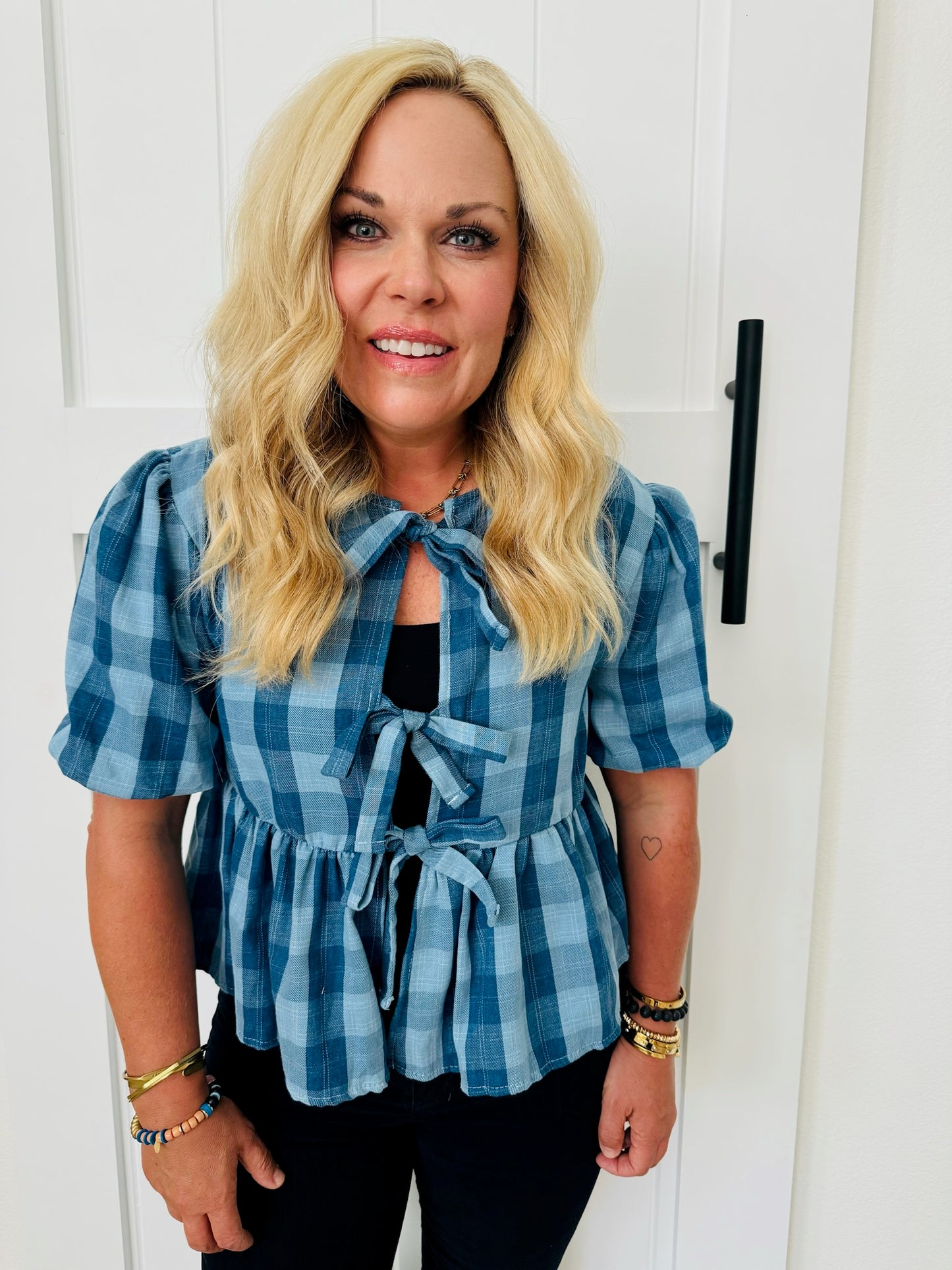 Gauze Plaid Bow Blouse