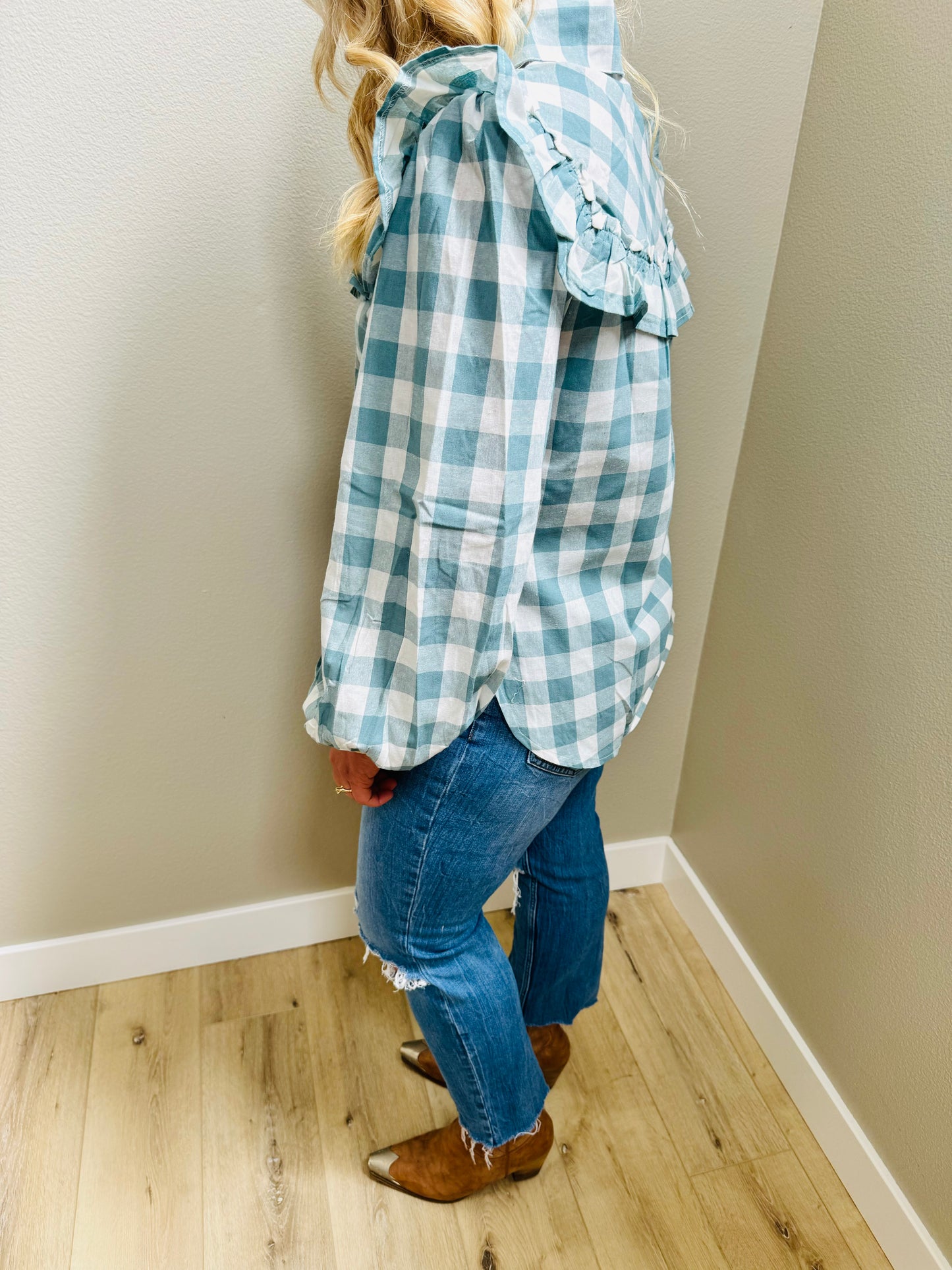 Ruffle Shoulder Plaid Button Down Blouse