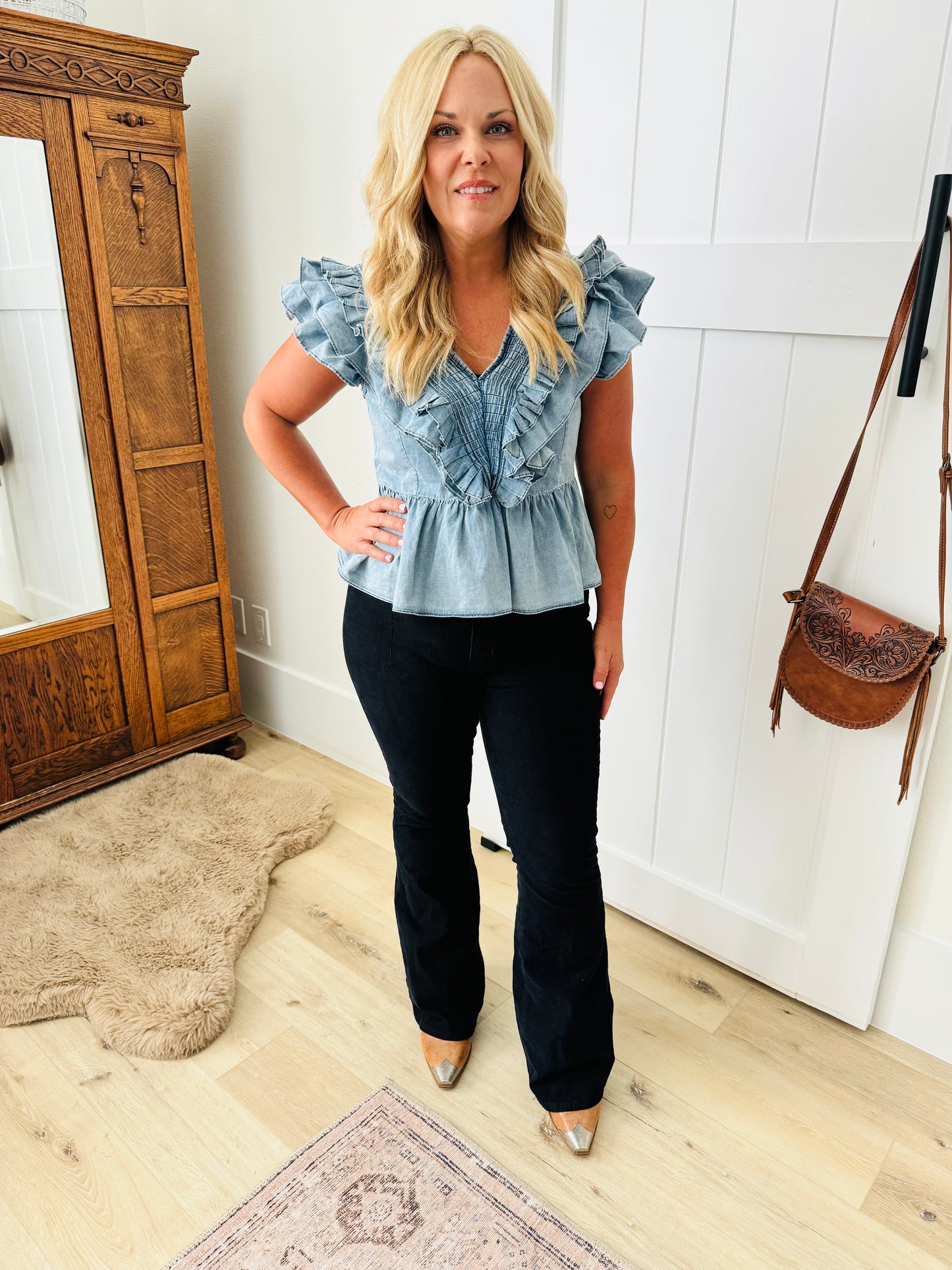 Smocked V-Neck Ruffle Sleeve Top