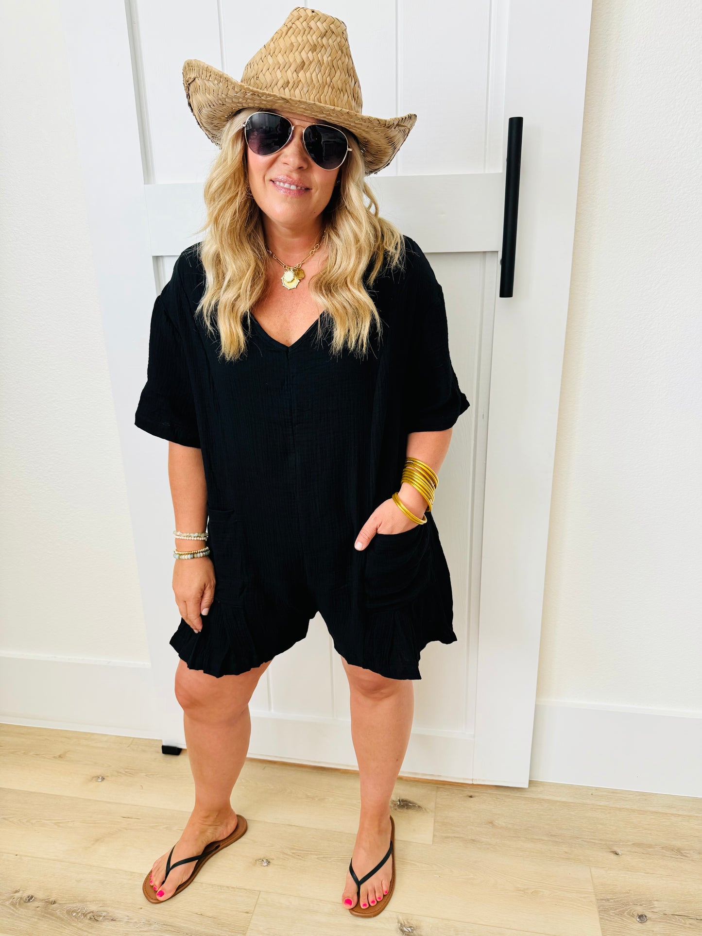Flouncy Shapeless V-Neck Draped Sleeve Romper