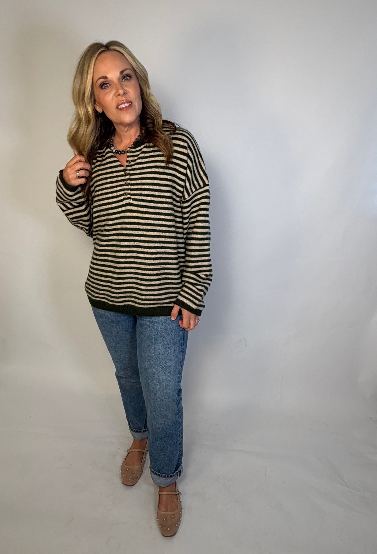 Olive Stripe Henley Sweater