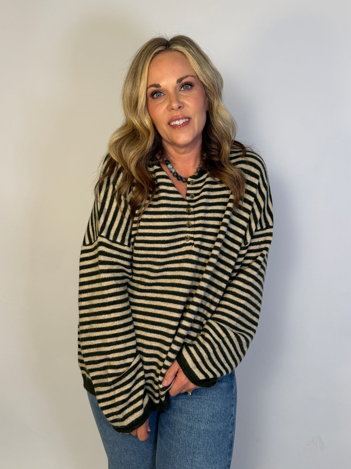 Olive Stripe Henley Sweater