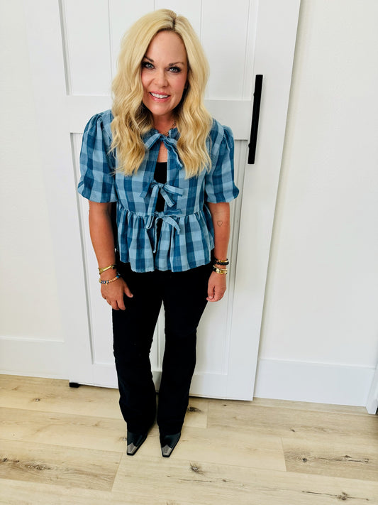 Gauze Plaid Bow Blouse