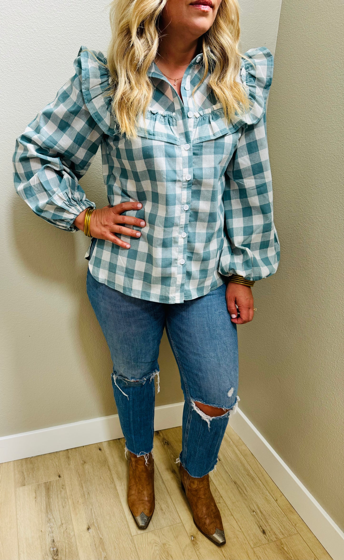 Ruffle Shoulder Plaid Button Down Blouse