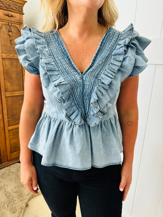 Smocked V-Neck Ruffle Sleeve Top